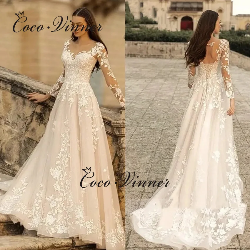 

Customized Hollow Back Flower Lace Appliques Boho Wedding Dresses A line Full Sleeves Country Wedding Dress For Women W1392