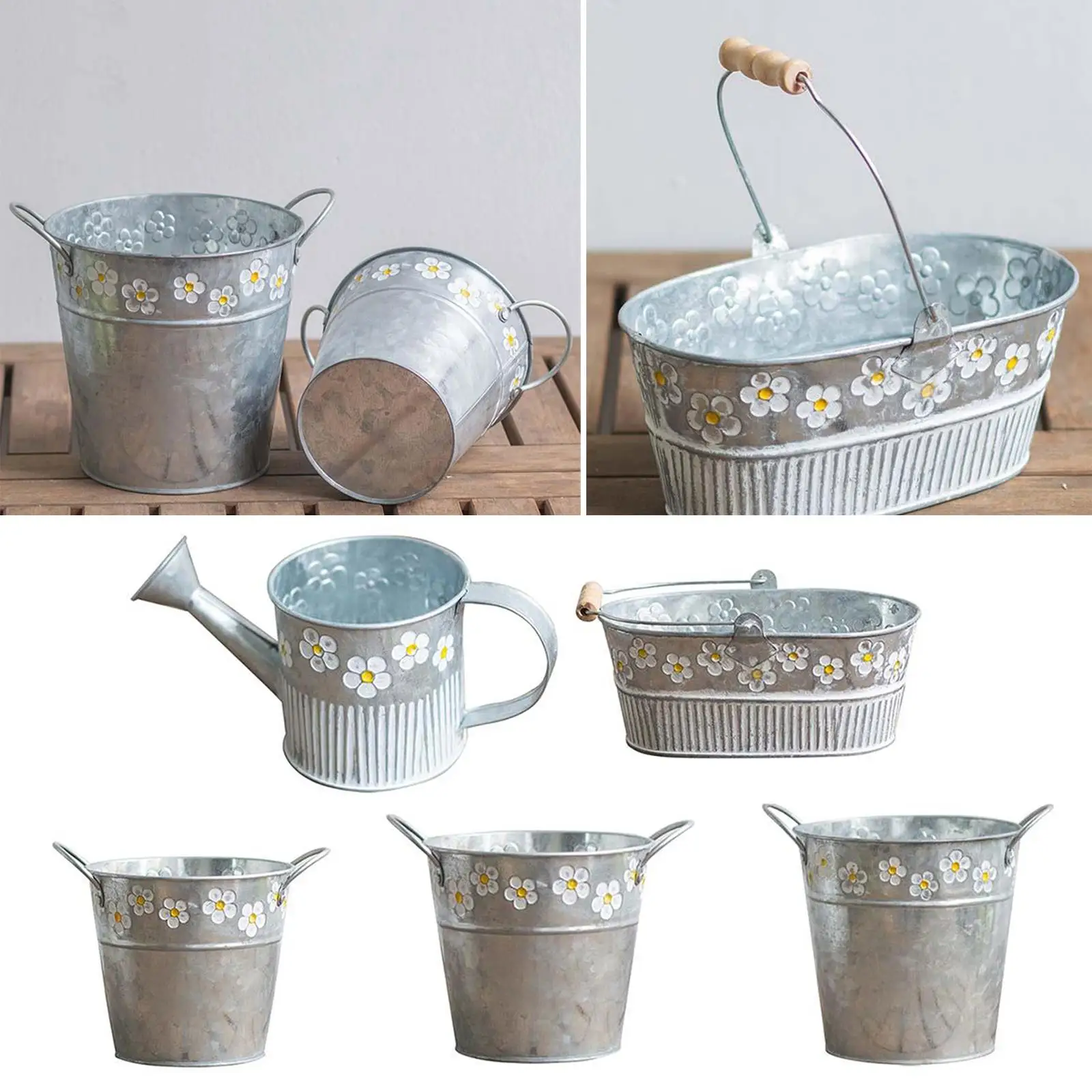 Daisy Embossed Plant Flower Tin Bucket Basket Bucket for Desktop Ornaments