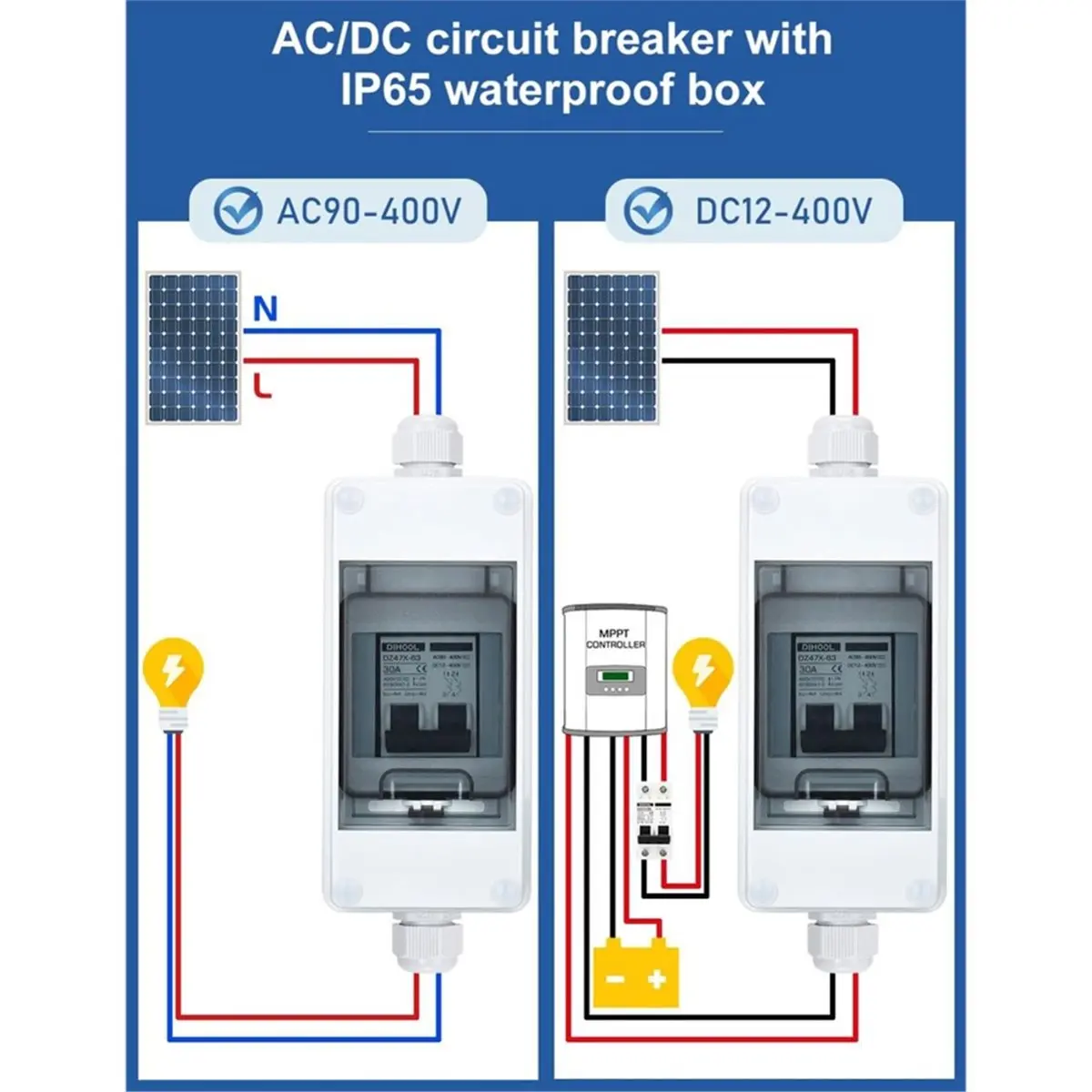 A50U 1set DC Isolation Switch Outdoor Waterproof, IP65 Box Type Non-Polar Photovoltaic Array Isolator,Dual Pole 12-400V