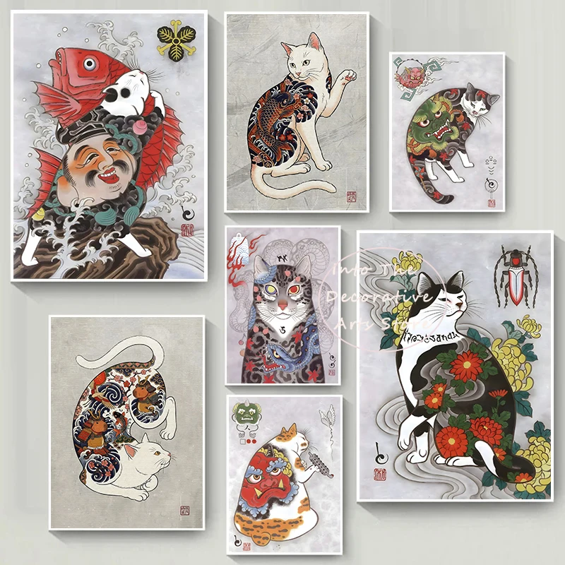 Japanese Samurai Tattoo Cat Ukiyo E Monmon Cats Irezumi Catana Art Poster Canvas Painting Wall Print Picture for Room Home Decor