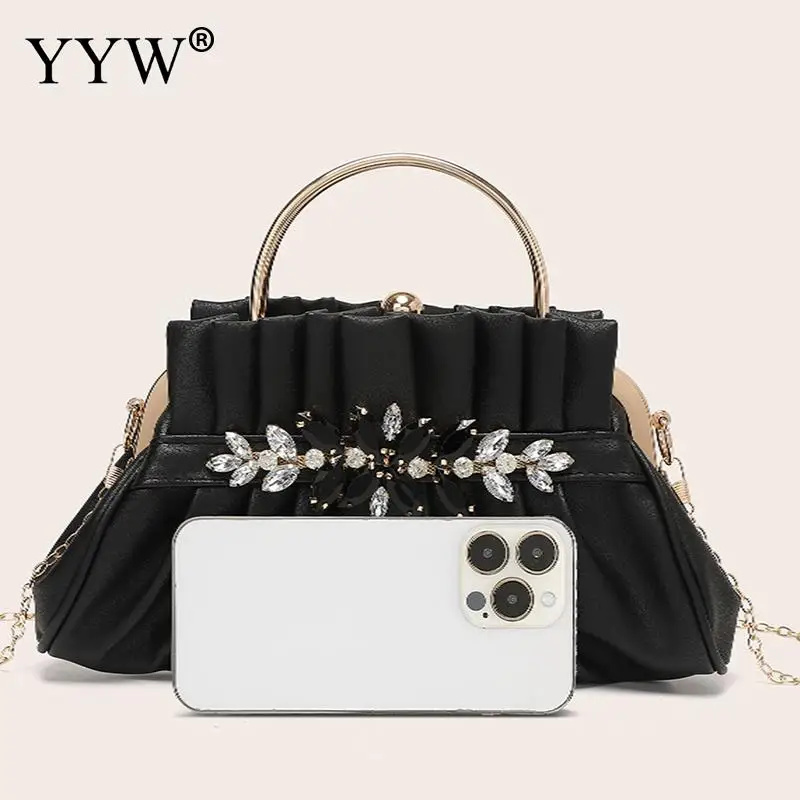 PU Leather Pleated Clutch Handbag Crystal Rhinestone Silk Tote Bag Top Handle Women\'s Diamond Wedding Party Bags Shoulder Purse