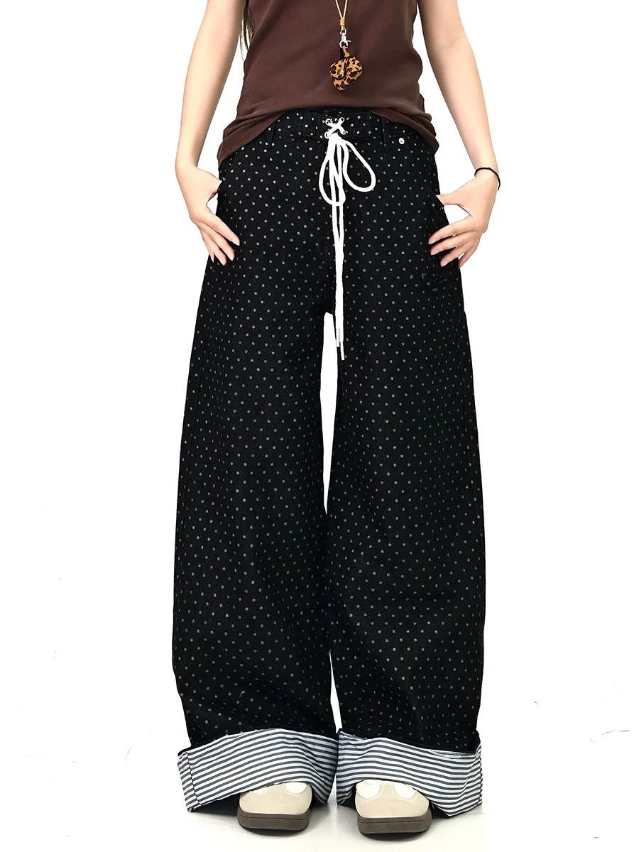 

Джинсовые брюки с манжетами Bla в горошек, женские свободные BF, корейские уличные брюки длиной до пола, осеннее новое поступление, повседневная одежда