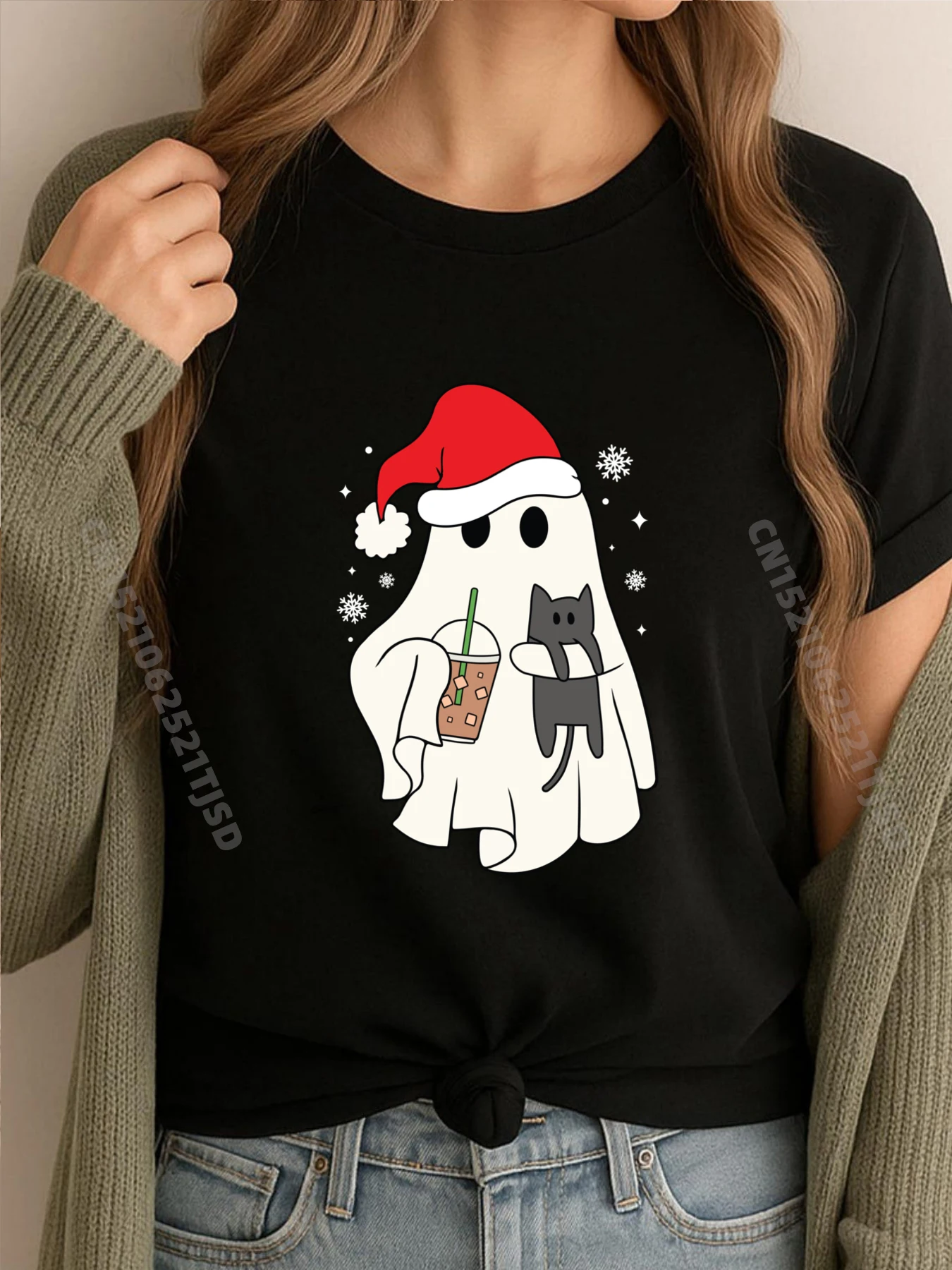

Милая призрачная шляпа Санта-Клауса с черным котом, кофейной рождественской футболки большого размера, женские футболки на день национального флага