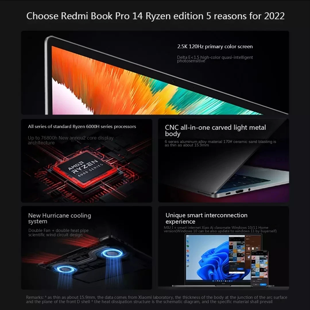 Xiaomi RedmiBook Pro 14 2022 Laptop AMD Ryzen R5 6600H/R7 6800H 16G + 512GB SSD 660M/680M grafika 2.5K 120Hz Mi Notebook