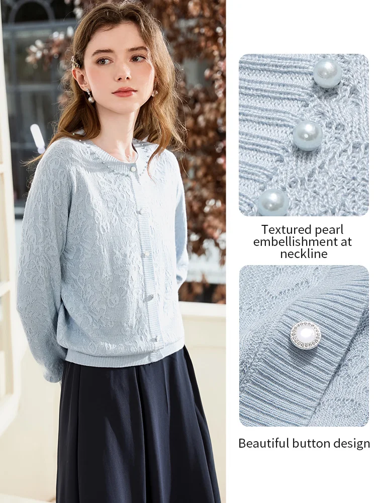I BELIEVE YOU Blue Jacquard Wool Knitted Cardigan 2025 Autumn Elegant O-neck with Pearl Embellishment Chic Cardigans 2253146080