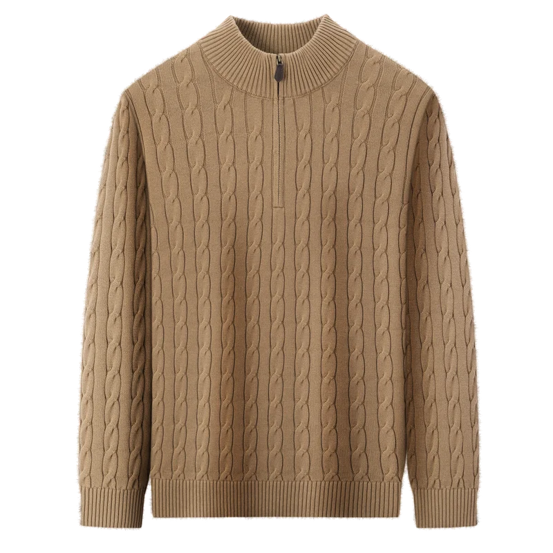 Suéter de punto cálido de algodón puro con diseño retro y trenzado, tipo polo, para hombre, ideal para otoño e invierno, grueso, con cremallera, manga larga, 100% algodón, ropa de punto.