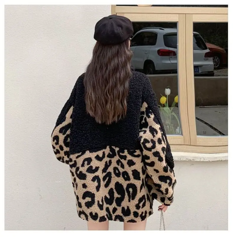 Autumn/winter Womens Patchwork Leopard Print Loose Thick Fleece Coat