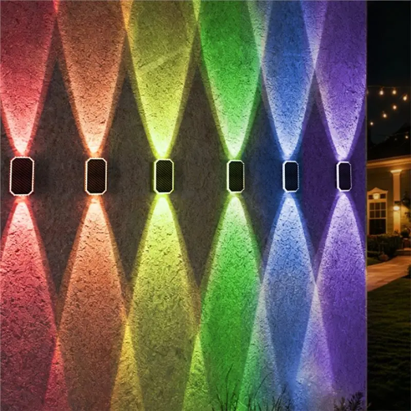 SEWS-Outdoor Waterproof RGB Solar Fence Lights 6PCS With Bi-Directional Uplights& Downlight Solar Powered Fence Wall Lighting