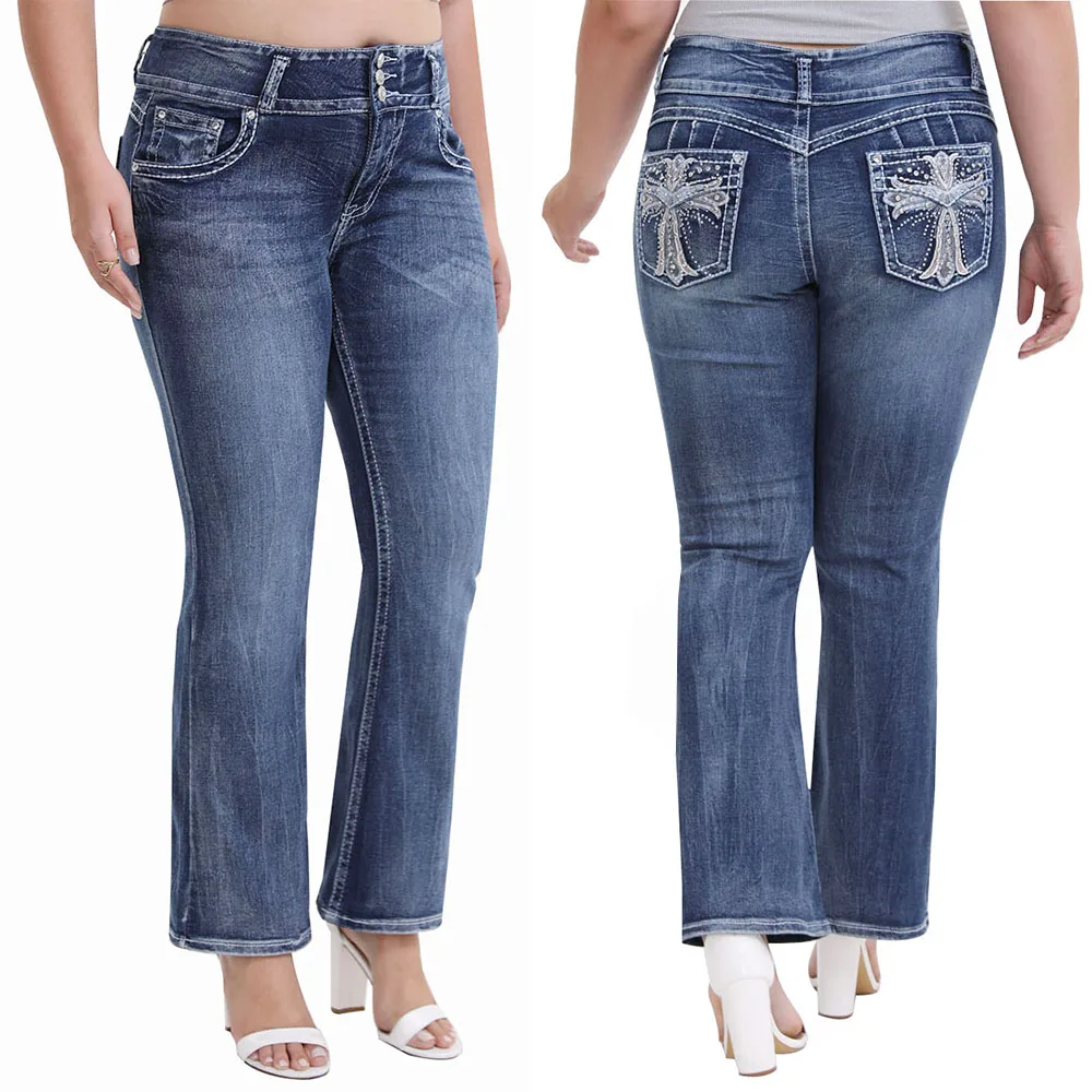 Geborduurde Bootcut Jeans Dames Halfhoge Hoge Stretch Vijf Zakken Ontwerp High-street Vibe Flare Slepen Broek Voor Lange Vrouwen