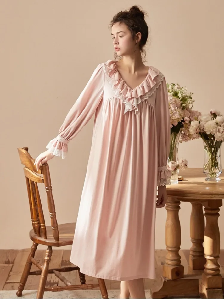 

Spring Autumn New Vintage Long Nightgowns For Women Solid Color Long Sleeve Plus Size Night Dress Elegant Pregnant Seepwear