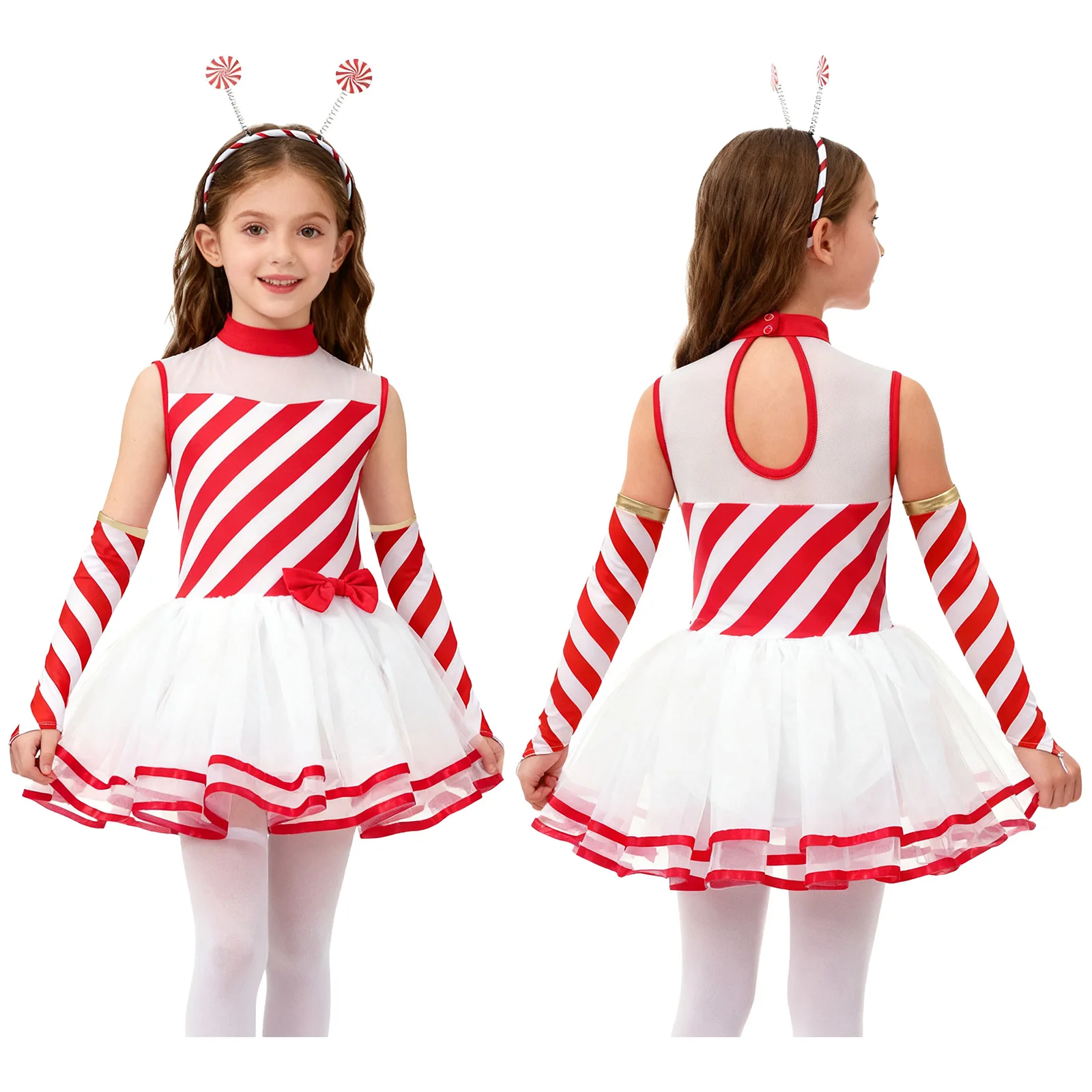 Kids Girls Candy Cane Striped Ballet Dress Dancewear Christmas Performance Costume Roller Figure Ice Skating Leotard Dance Set