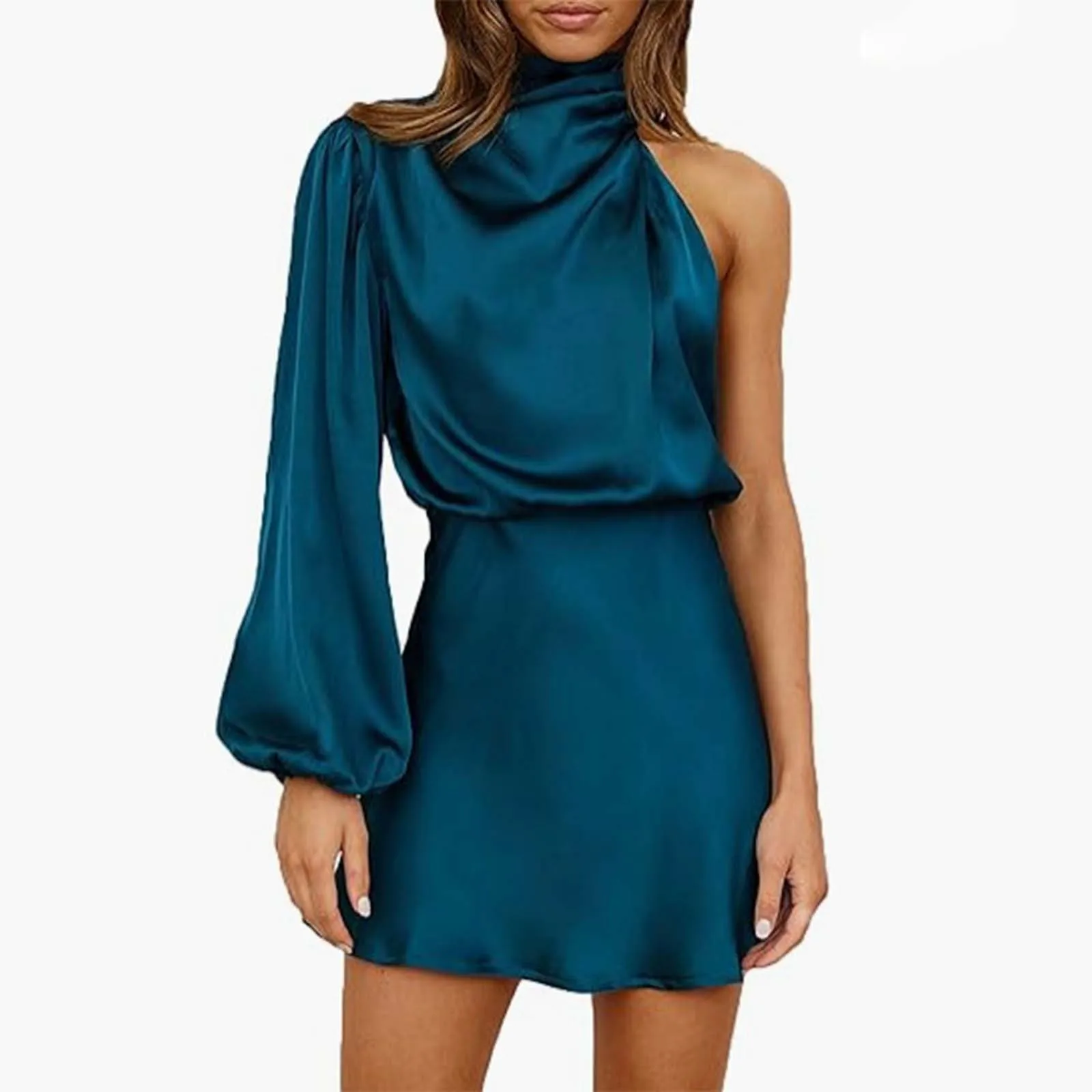 2024 Spring Summer Dress New Women Satin One Shoulder Long Sleeve Mini Dress Silk Round Neck Cocktail Skirt Evening Party Dress