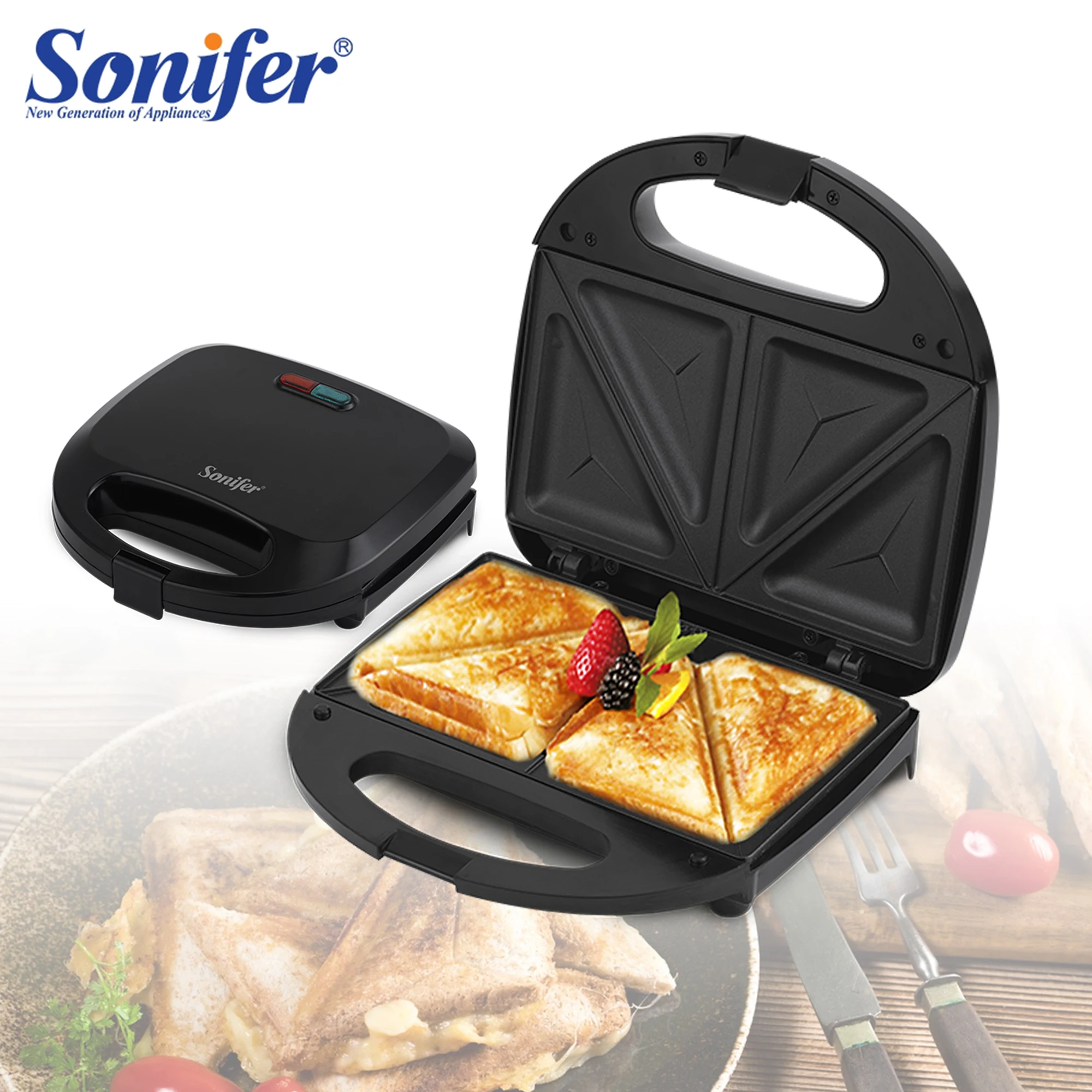 Sonifer-전기 와플 조리기, 750W 샌드위치 메이커, 주방 가전 아침 식사 와플 붙지 않는 아이언 팬