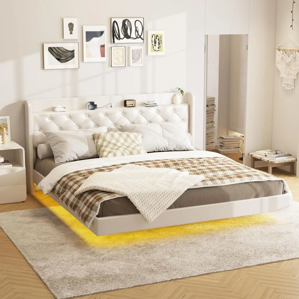 إطار سرير عائم بحجم كينج مع أضواء LED، سرير منجد بمنصة من جلد البولي يوريثان مع محطة شحن ولوح رأسي معنقدة بزر