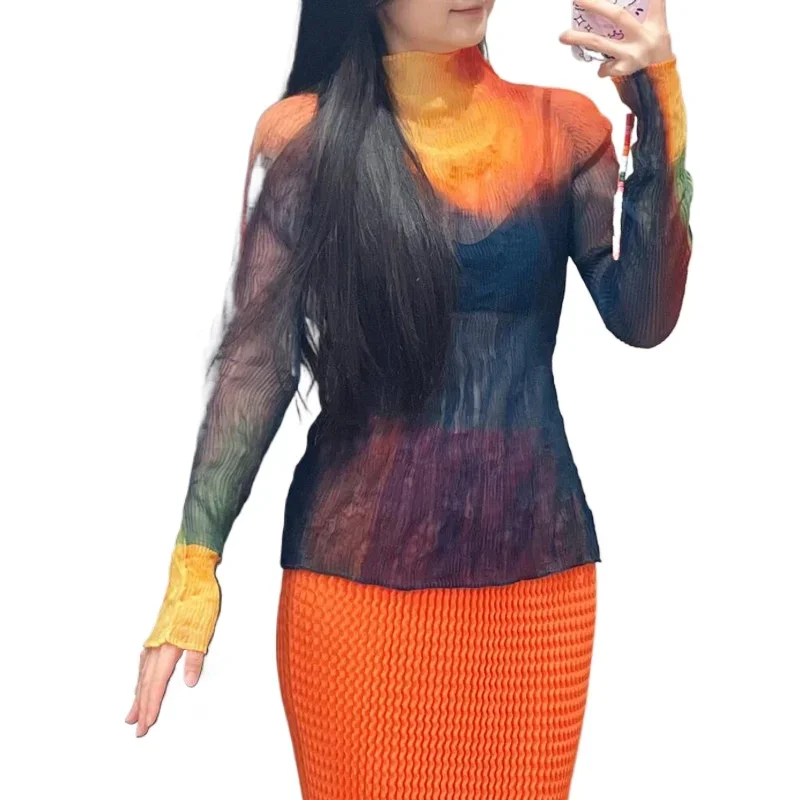 Miyake Style Japanese Pleated Perspective Turtleneck Long Sleeve Base Autumn New Fashion Daily Halo Wicker T-shirt