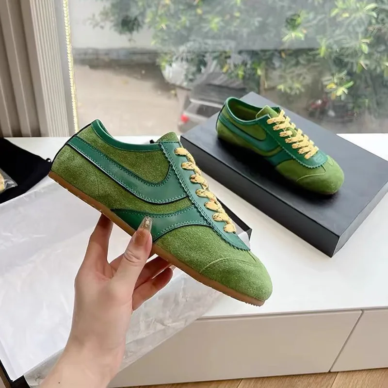 New Women's Green Vintage German Training Shoes Summer Breathable Casual Flat Shoes  Sports Shoes Frosted Cowhide Single Shoes