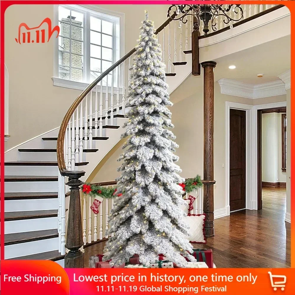 12ft Artificial Christmas Tree,Pre-Lit Flocked Layered Slim Spruce  with 900 Warm White Lights, Three Function,Christmas Trees