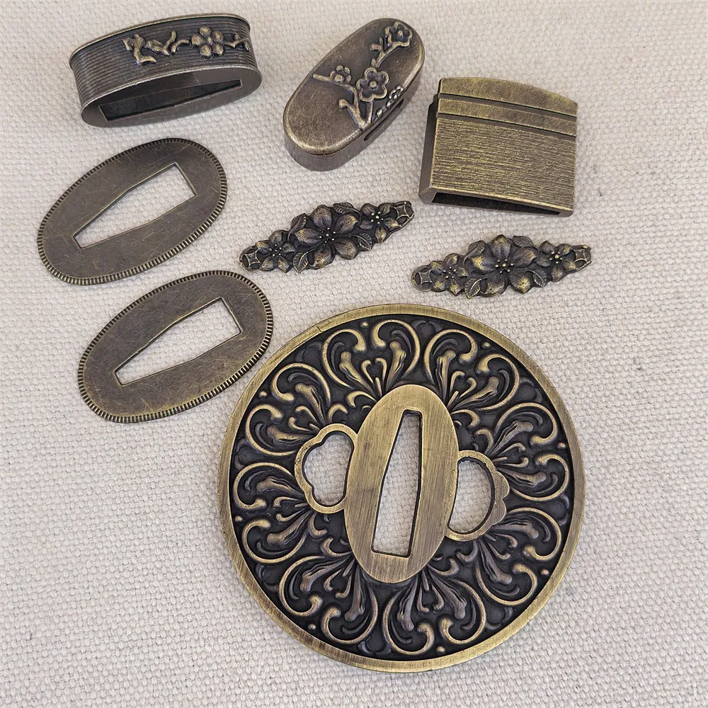 A Set Tsuba+Menuki+Fuchi+Kashira+Habaki+Seppa Alloy Fittings For Japanese Sword Samurai Katana Accessory