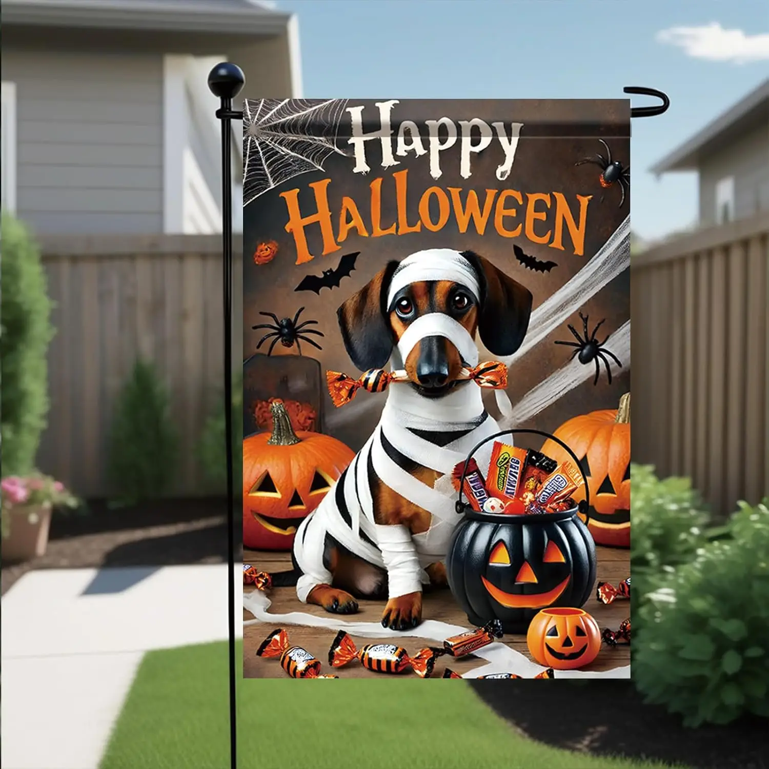 هالوين حديقة العلم المومياء الكلب الألماني اليقطين الحلوى 12x18 بوصة مزدوجة الوجهين في الهواء الطلق ساحة راية لخدعة أو علاج هانت FFI #3