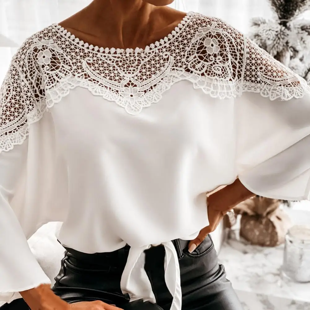 Vintage Women Blouse Top Crochet Long Sleeve Round Neck Lace Stitching Hollow Office Lady Fall Shirt For Work