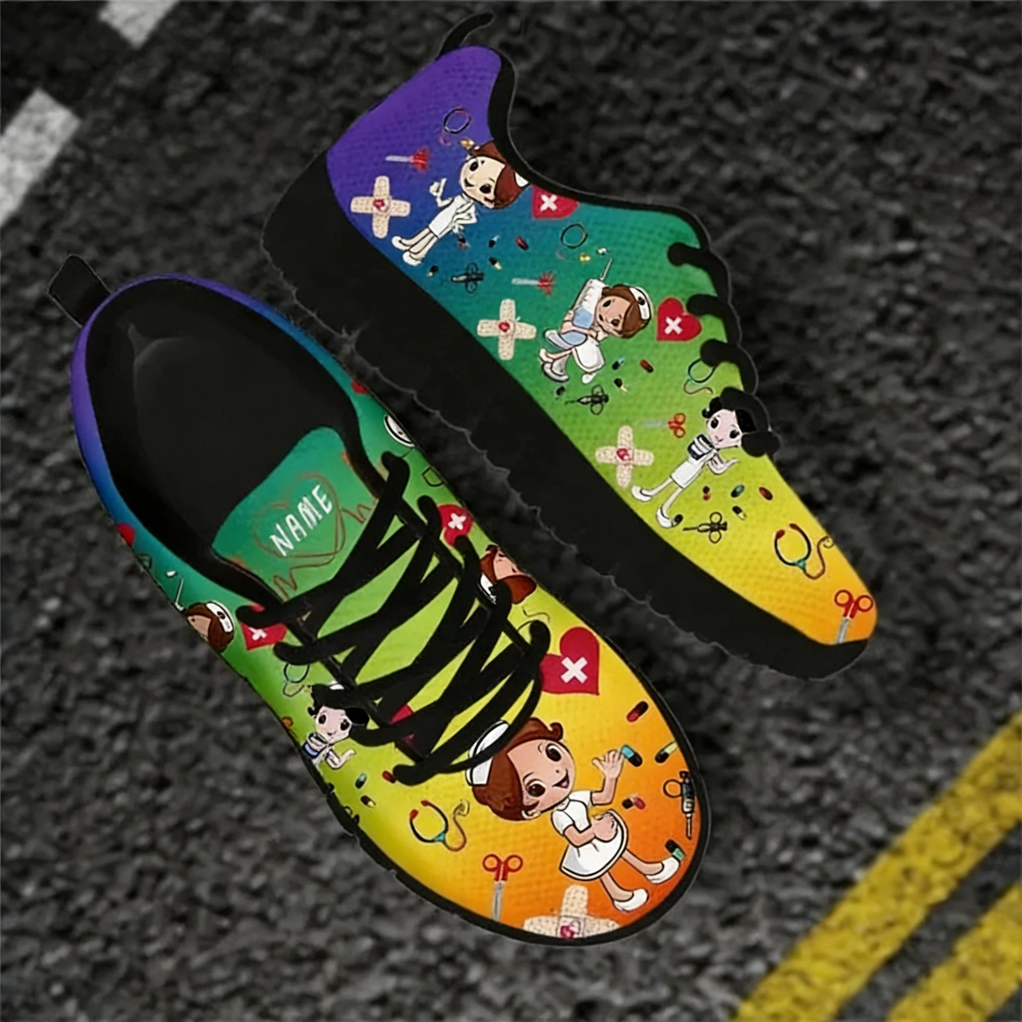 

Colorful Cartoon Nurse Sneakers Women's Shoes Custom Name Doctor Print Mesh Pride Flat Shoes for Laides Dropshipping