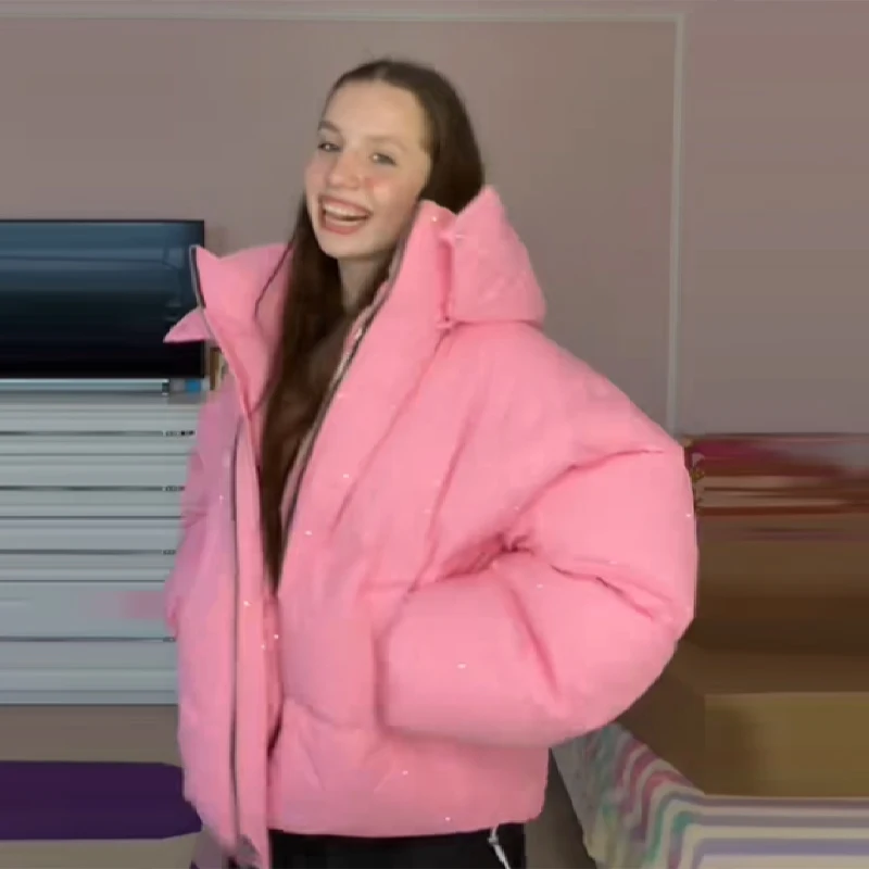 الشتاء فضفاض المرأة أسفل سترة رشاقته عالية طوق مقنعين معطف مبطّن أنيق الإصلاح حجر الراين سستة أبلى 2025 معاطف جديدة #5