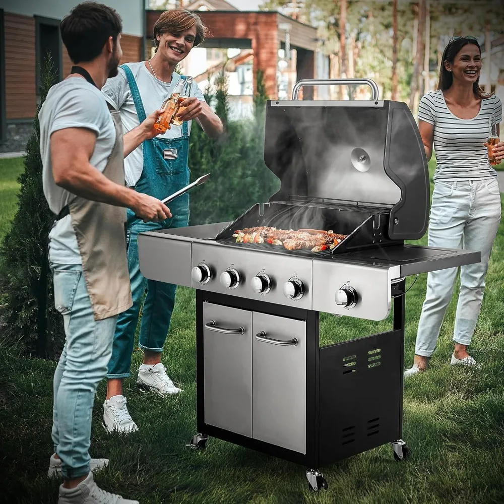 

4-Burner Outdoor Propane Gas Grill, 40000 BTU Output Stainless Steel BBQ Grill with 12000 BTU Side Burner,Thermometer and Caster