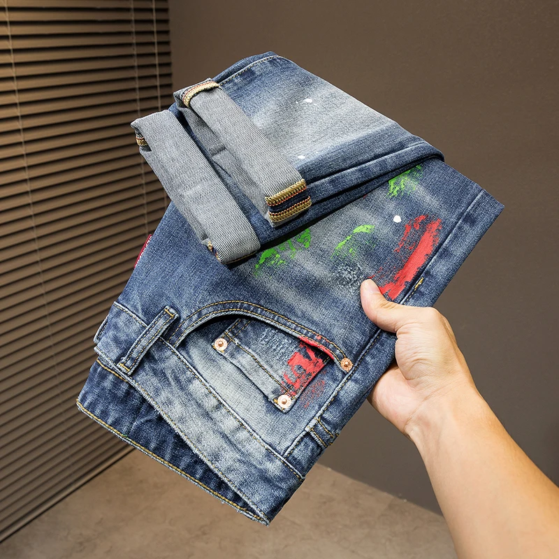 Painted Designer Personalised Street Fashion Men's Jeans Vintage Blue Stretch Slim Hip Hop Jeans Hombre