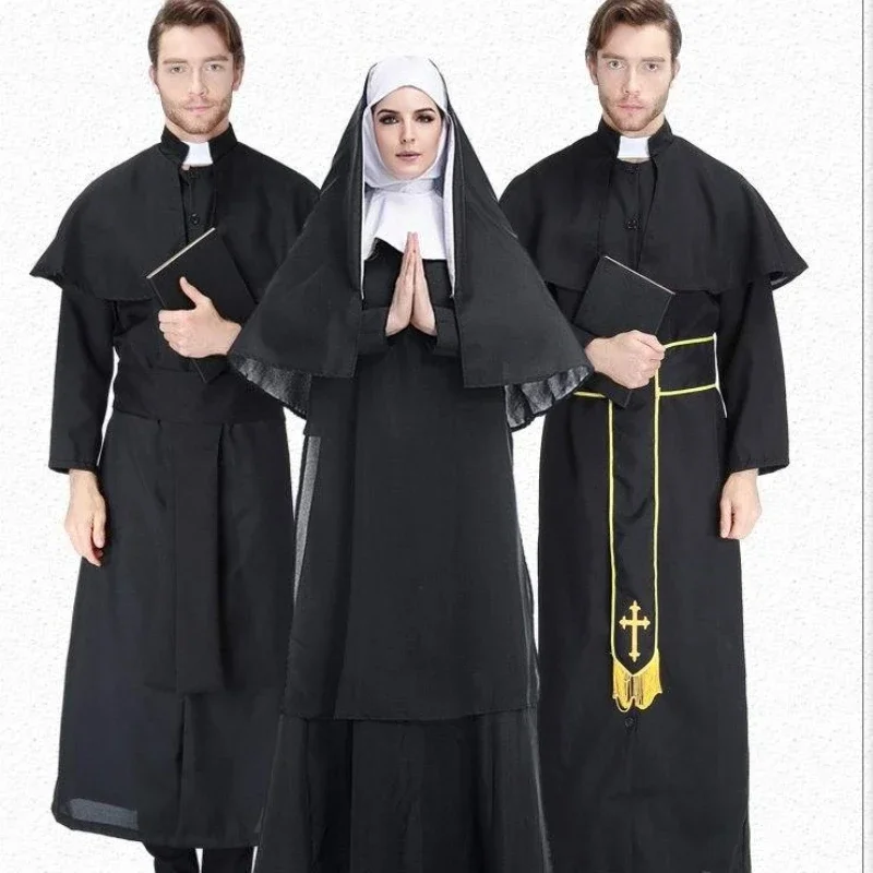 Hot sale Halloween cosplay costumes, priests and nuns, high degree of restoration, adult men and women black robes, cos costumes