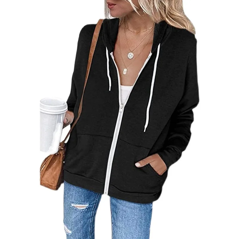 Women's Zip Up Hoodie Solid Color Drawstring Pockets Long Sleeve Loose Fit Casual Warm Cozy Fleece Hoodie for Ladies Streetwear