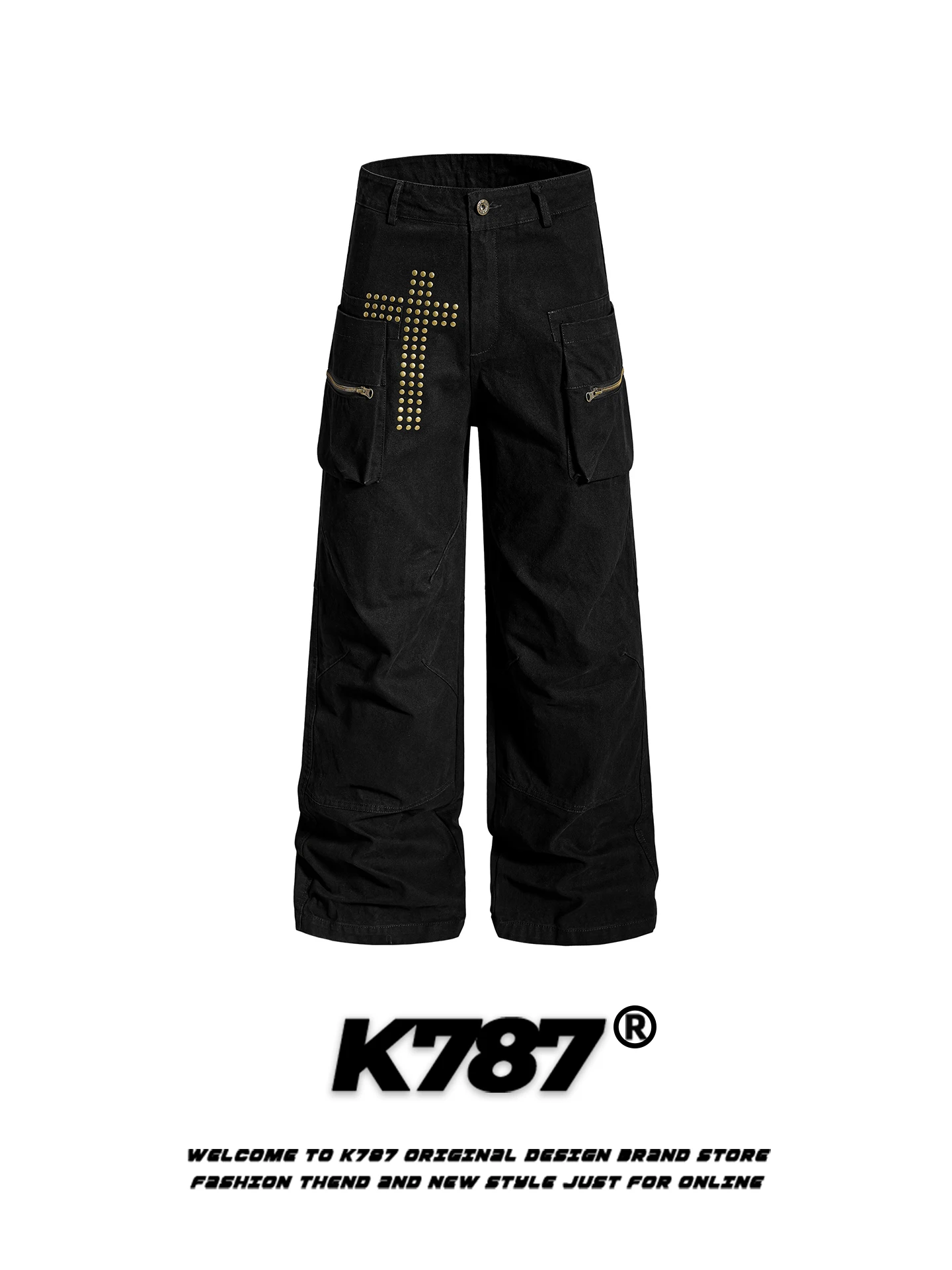 

K787 Американские ретро-брюки с заклепками, свободные, с высокой талией, прямые, повседневные, уличные, длинные, мужские и женские, удобные