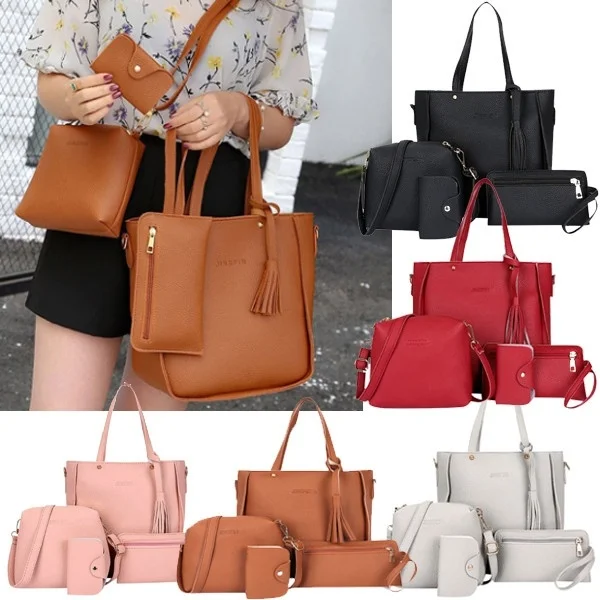 4pcs/set Ladies Leather Bag Set Polyester Shoulder Handbag Messenger Bag Multi Purse Kit Available In 9 Colors For Daily Outfit