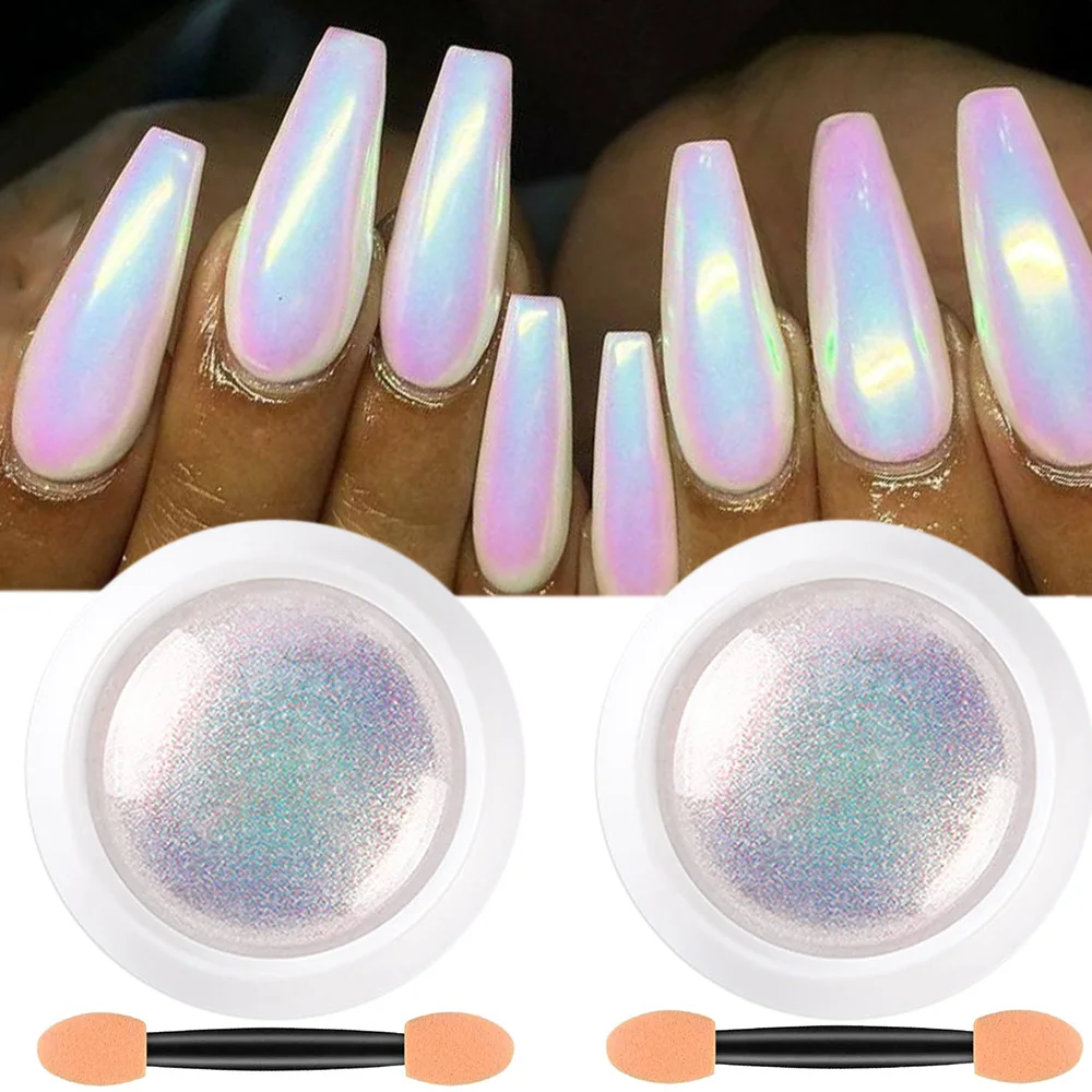 1/2PC Pearl White Mermaid Aurora Chrome Nail Powder Metallic Neon Rainbow Dust Nail Art Gel Polish Supplies Mirror Chrome Powder