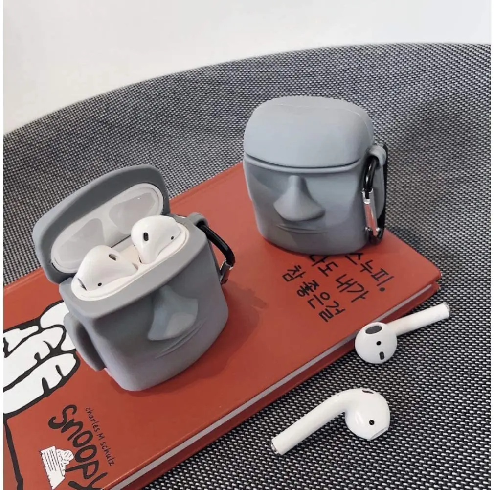 Gray Stone Cartoon for AirPods 2 1 Case with Unique Creative 3D Keychain Protector Silicone Giant Statues For AirPods Pro Cases