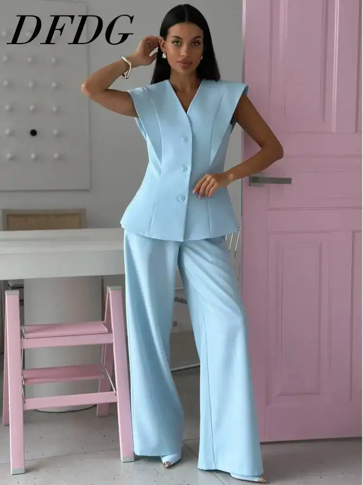 

DFDG Women 2026 Spring Summer Sleeveless Vest Suit Big Lapel Single Breasted Fitted Waist Loose Wide Leg Pants Daily Commute Set