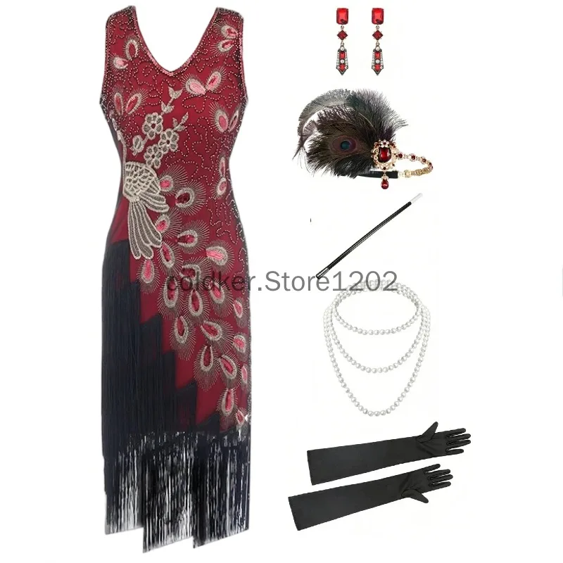1920s Flapper Dress Peacock Sequin Fringed Gatsby Costume with Accessories Set for Women Sequin Fringe Party Dress - view 2