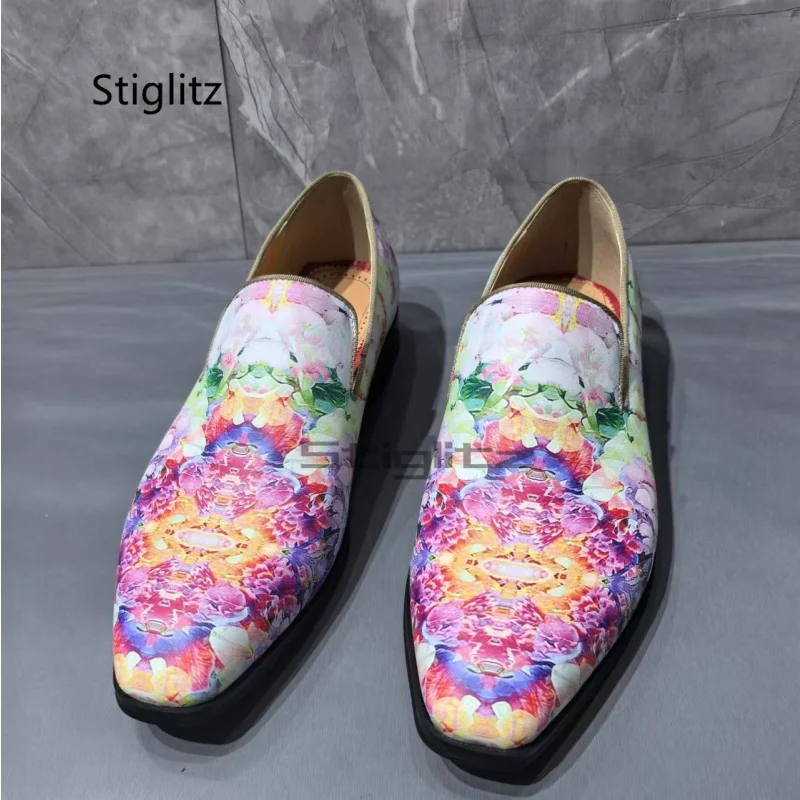 Mixed Colors Prints Slip On Leather Shoes for Men Genuine Loafers Small Square Toe Low Heeled Wedding Business Catwalk Shoes