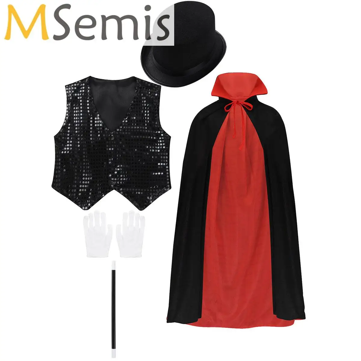 

Kids Magician Cosplay Costume Role Play Props Outfit Waistcoat Cape Hat Magic Wand Gloves Set for Choir Jazz Stage Dancewear
