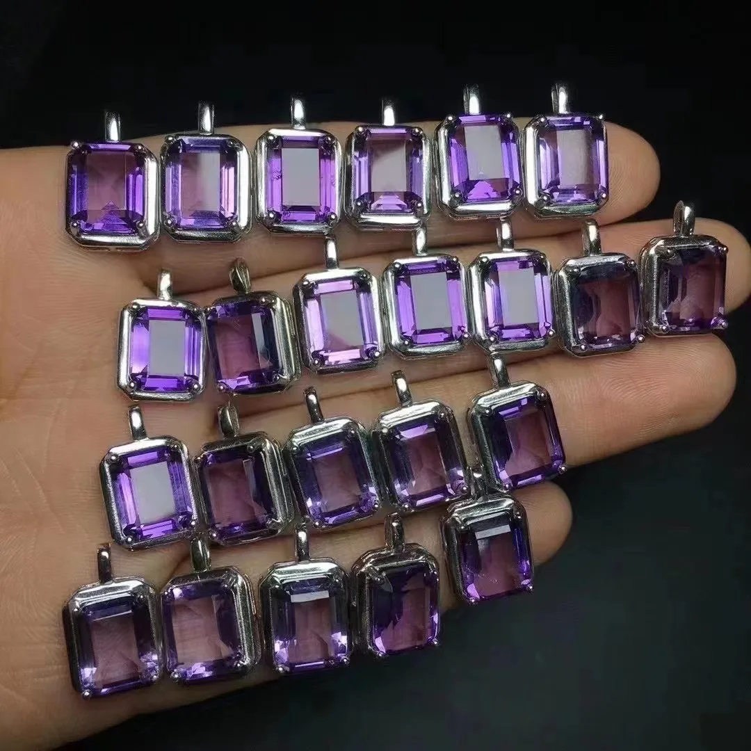 

Unit One Piece 925 Silver With Faceted Natural Brazil Amethyst Crystal Gemstone Square Pendant