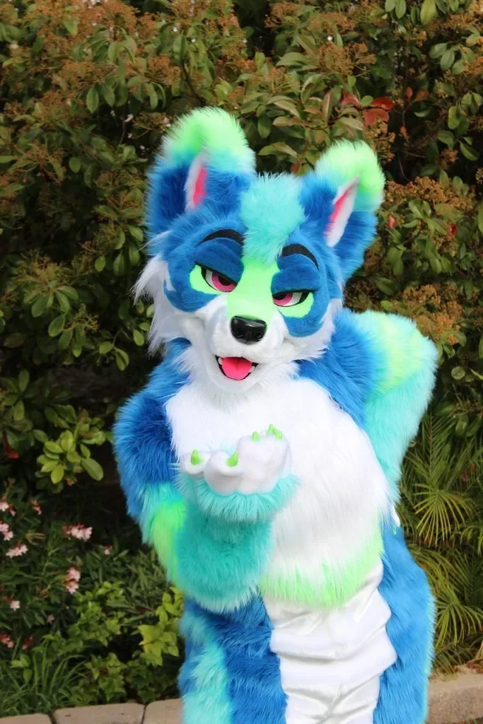 Erwachsenen-Maskottchen-Kostüm Husky Hund Fuchs Blaues Fell Grünes Maskottchen-Kostüm Kunstleder-Fursuit für Halloween Cosplay Geburtstagsfeier Outdoor