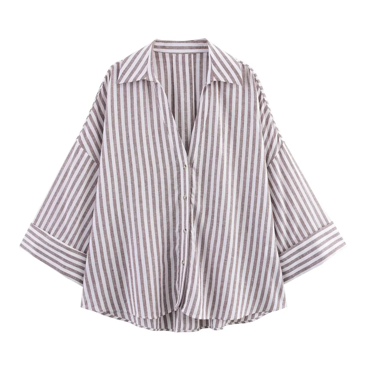 Summer Women's Curled Wide Sleeves Linen Blended Striped Asymmetric Casual Shirt Versatile Collar Linen Blended Printed Shirt image 2