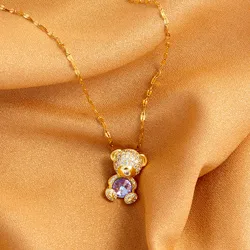 Little Bear Embracing Colorful Zircon Women's Party Stainless Steel Plated 18K Gold Hypoallergenic Jewelry Pendant Necklace