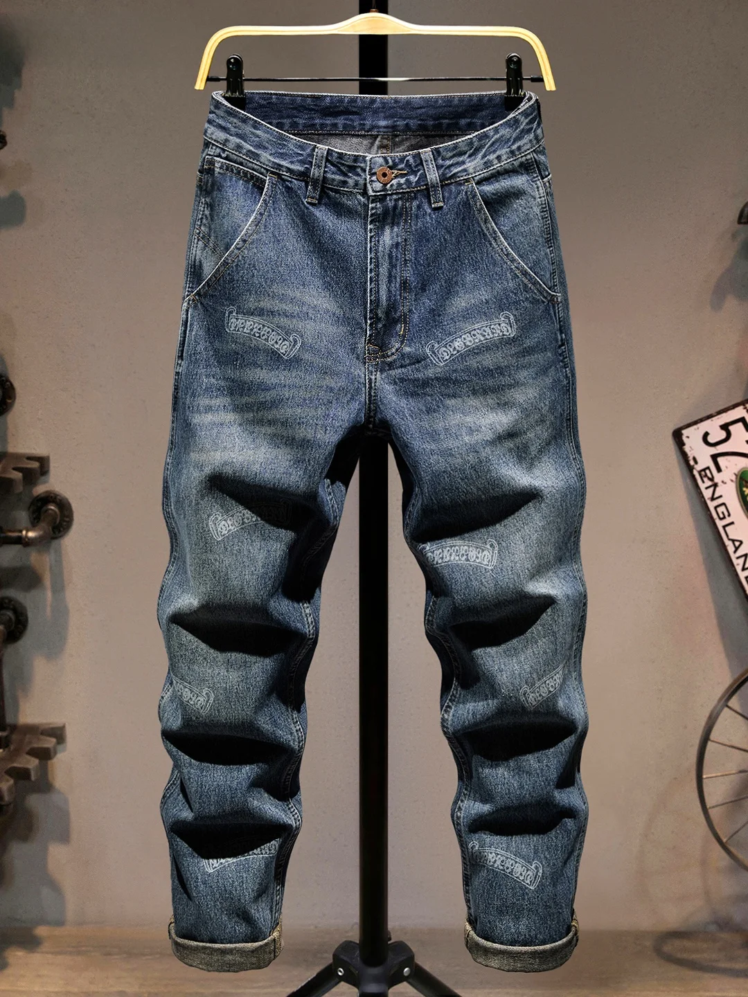 

Мужские джинсы из высококачественного винтажного денима: модные, свободные, прямого кроя, с наклонными карманами, универсальные повседневные брюки