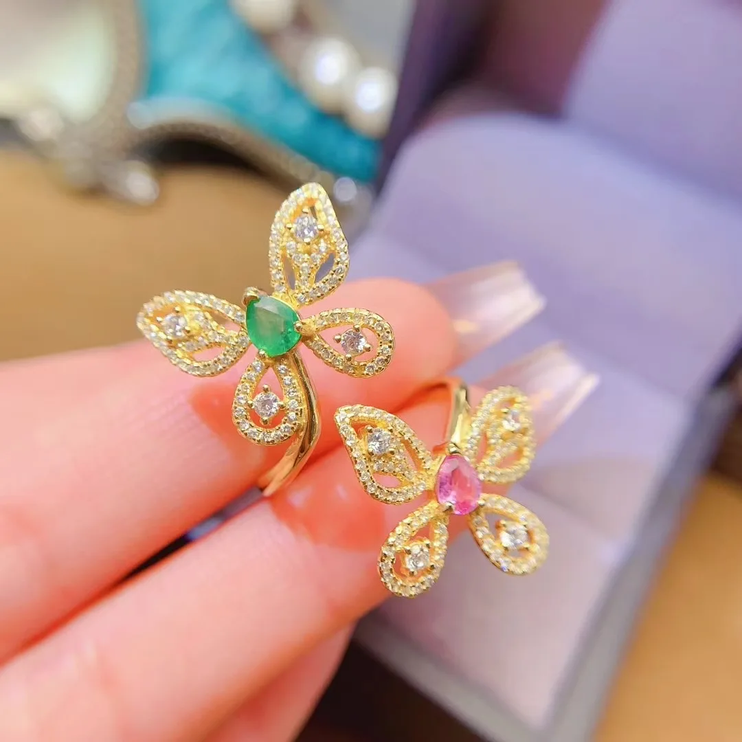 

KJJEAXCMY High End Women's Ring Natural Emerald S925 Silvere with Electroplating Boasting High Clarity Full Brilliance Gift
