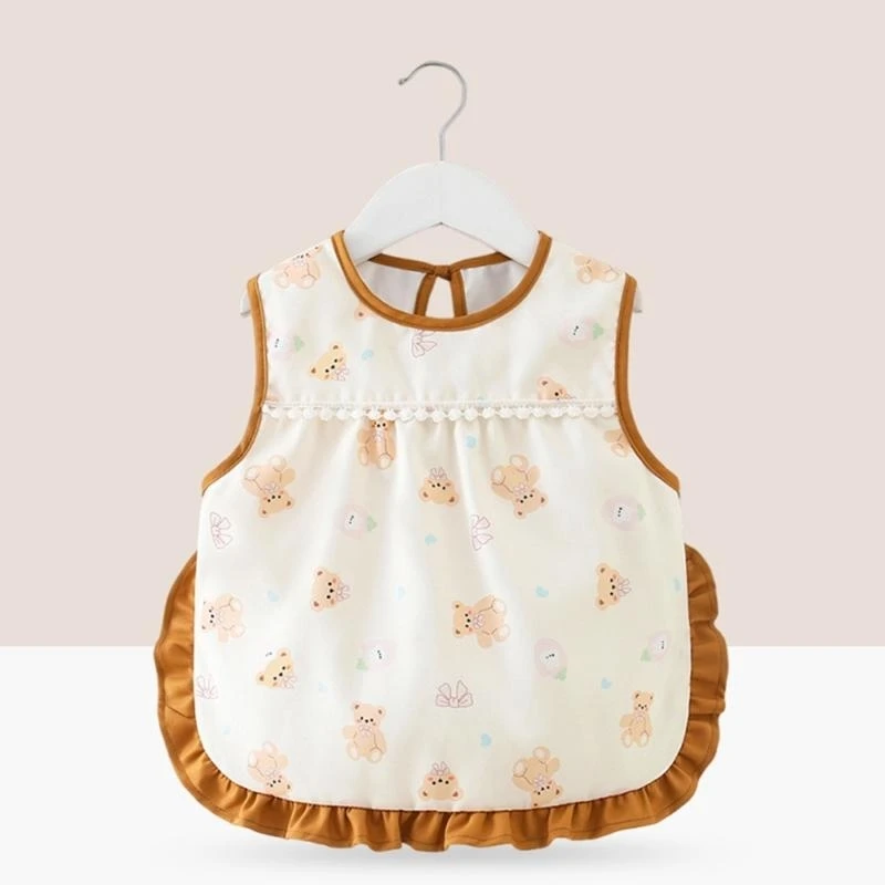 M76C Toddler Water Proofing Bib with Adjustable Strap Tied Soft Stain Resistant Fabric Feeding Apron for Ages 0 to 4 Year