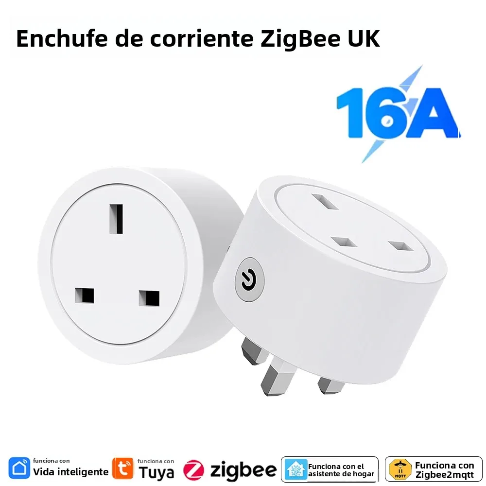 Enchufe Inteligente Zigbee de 16A para Enchufes del Reino Unido, Compatible con Alexa y Google Home, Monitor de Energía, Temporizador, Control Remoto para Enchufes Eléctricos, Aplicación Tuya