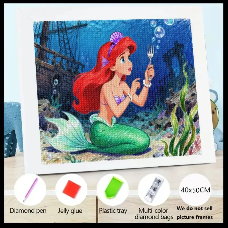 

1PC Disney The Little Mermaid Ariel 5D Diamond Painting Kit, Cartoon Princess Underwater Scene DIY Full Drill Round Crystal Rhin