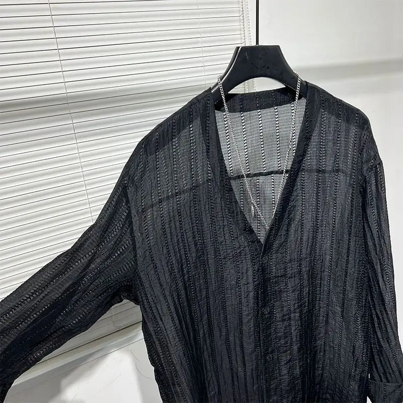 Simple Loose Hollowed-out Draped V-neck Loose Shirt for Men Solid Color Y2K Blouse Fashion Tops Chic Casual Male Clothes