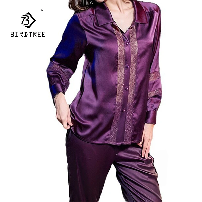 BirdTree, 100% Silk Casual Sleepwear Set, Women's Long Sleeved Top, Solid Color Home Suit Set, 2024 Summer and Autumn S48024KS