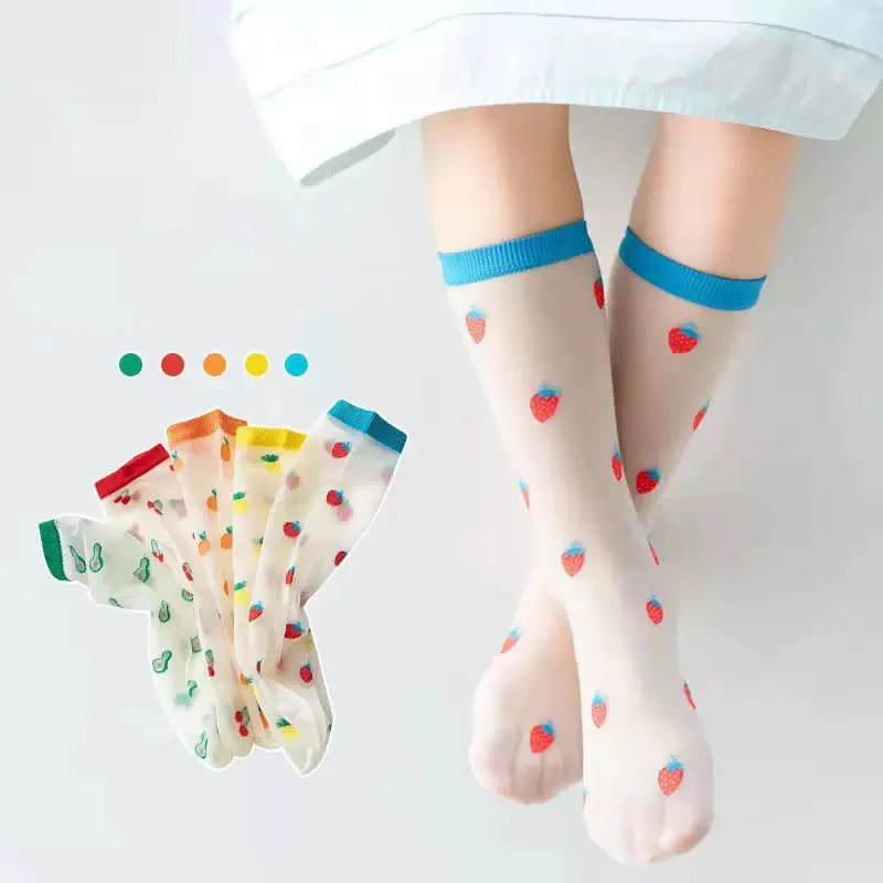 Children summer cute ultra-thin Transparent embroidery love crystal socks girls baby breathable princess ice silk Kawaii socks